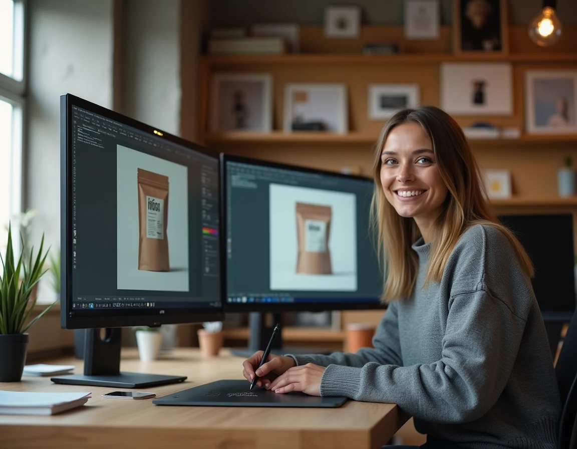 Graphiste ajoutant la mention visuel non contractuel sur un packaging produit dans un studio de création