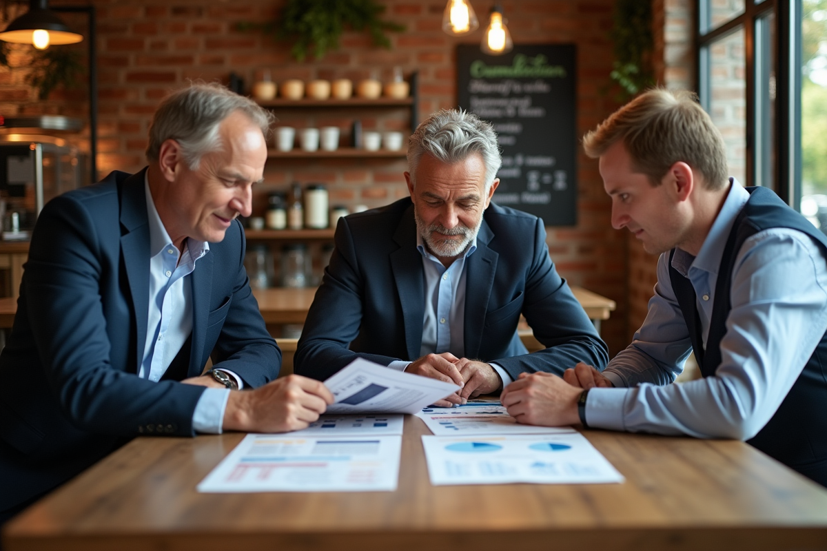 Groupe de trois professionnels discutant dans un café
