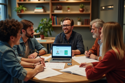 Groupe diversifié en réunion dans un café convivial