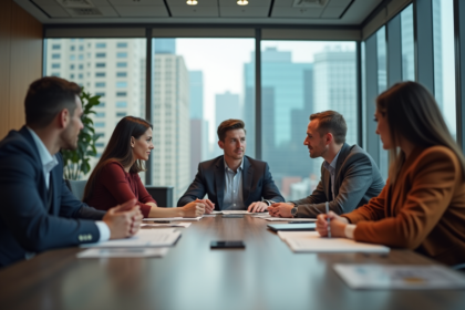 Groupe de salariés en réunion de travail en entreprise
