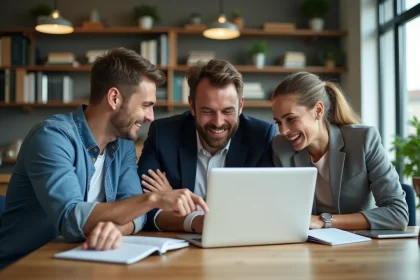 Groupe d'entrepreneurs autour d'un ordinateur dans un espace de coworking