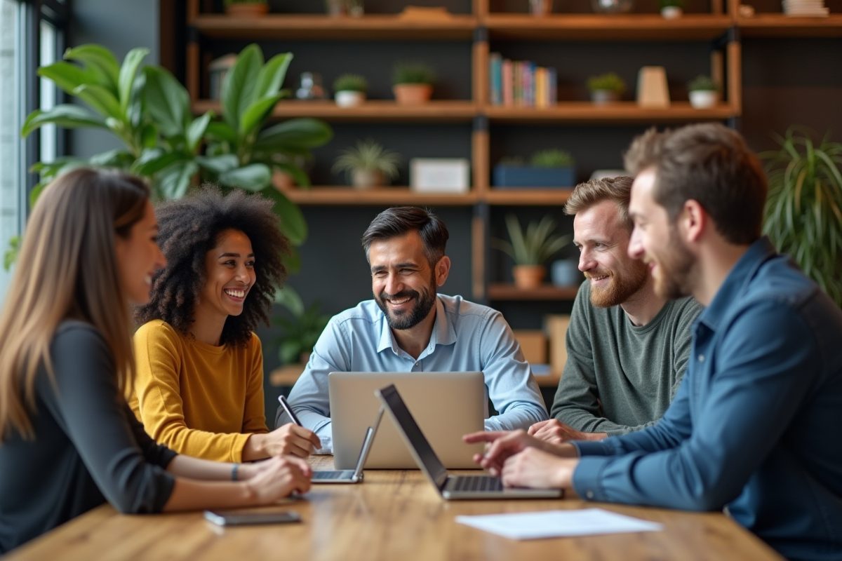 Groupe de entrepreneurs divers en réunion dans un espace coworking