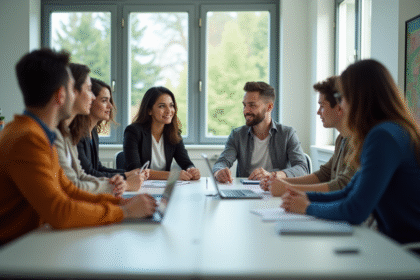 Groupe de jeunes adultes en réunion dans un bureau moderne