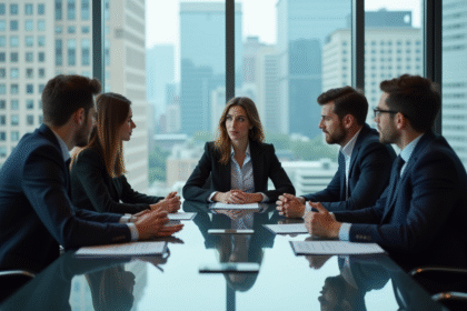 Groupe de jeunes professionnels en réunion dans un bureau moderne