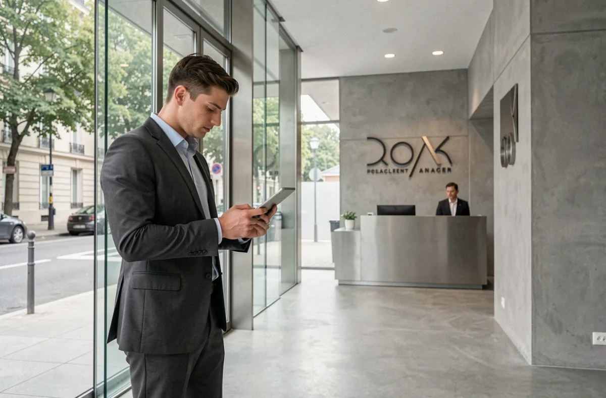 Professionnel consultant un dossier dans le hall d'entrée d'un grand cabinet de recrutement à Paris