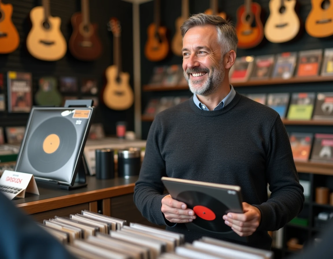 Homme achetant un vinyle dans un magasin de musique grâce à une carte Shopping Pass pour loisirs et culture
