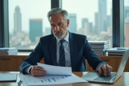 Homme d'affaires en costume dans un bureau urbain sérieux