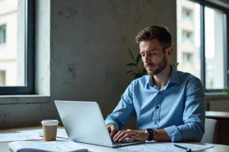 Homme en chemise bleue consulte un tableau de bord de construction
