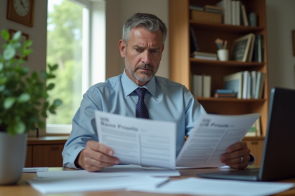Homme d'âge moyen dans un bureau lisant des documents IRS