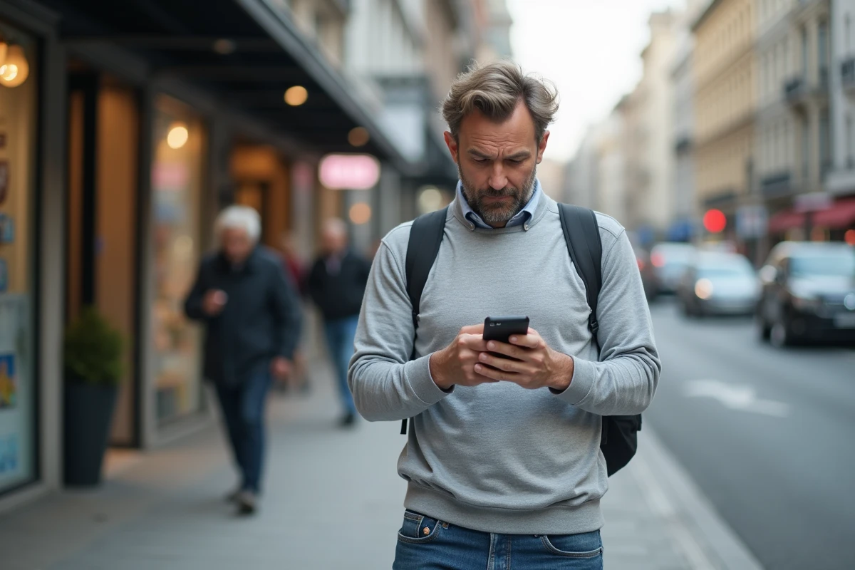 Homme d age moyen dans la ville regardant son smartphone