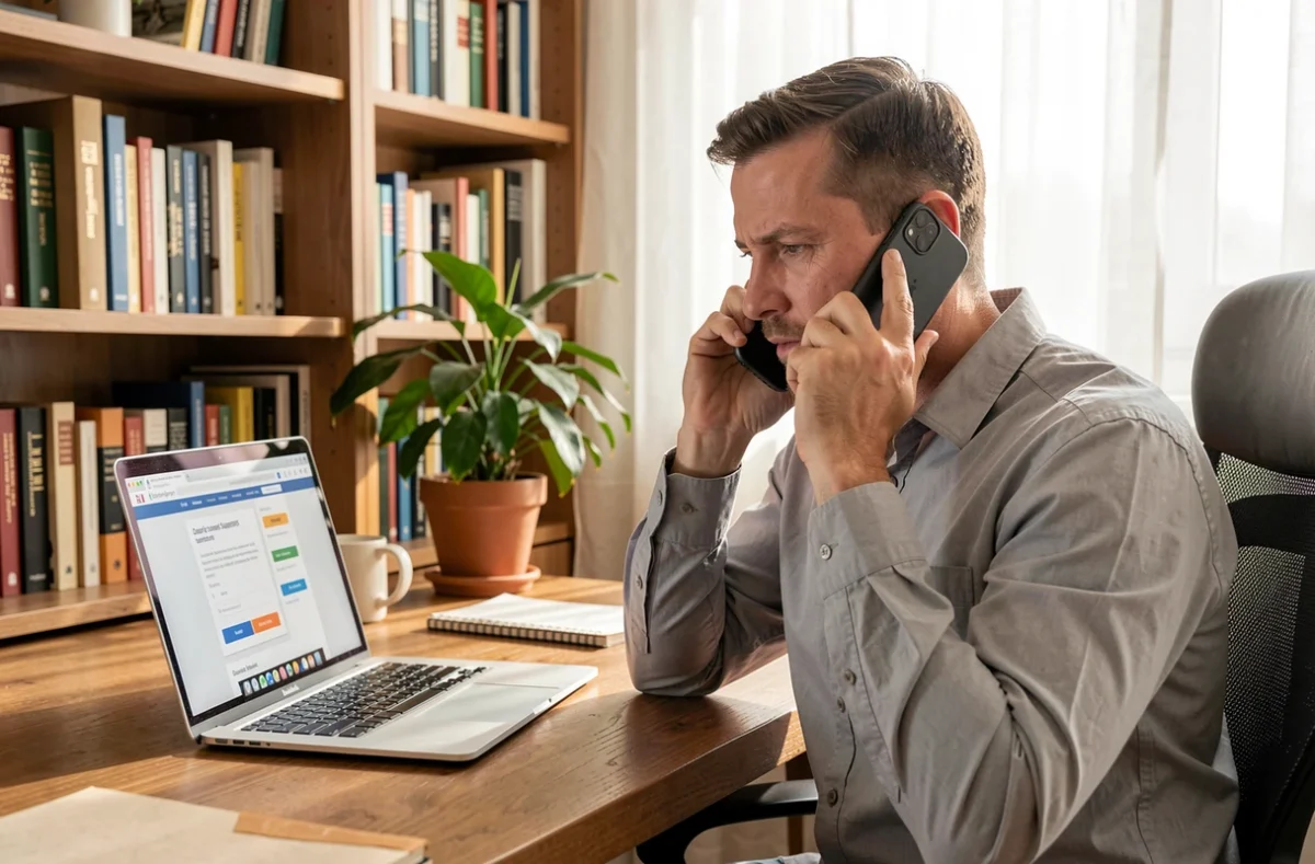 Homme contactant le service client en ligne depuis son bureau à domicile avec smartphone et ordinateur