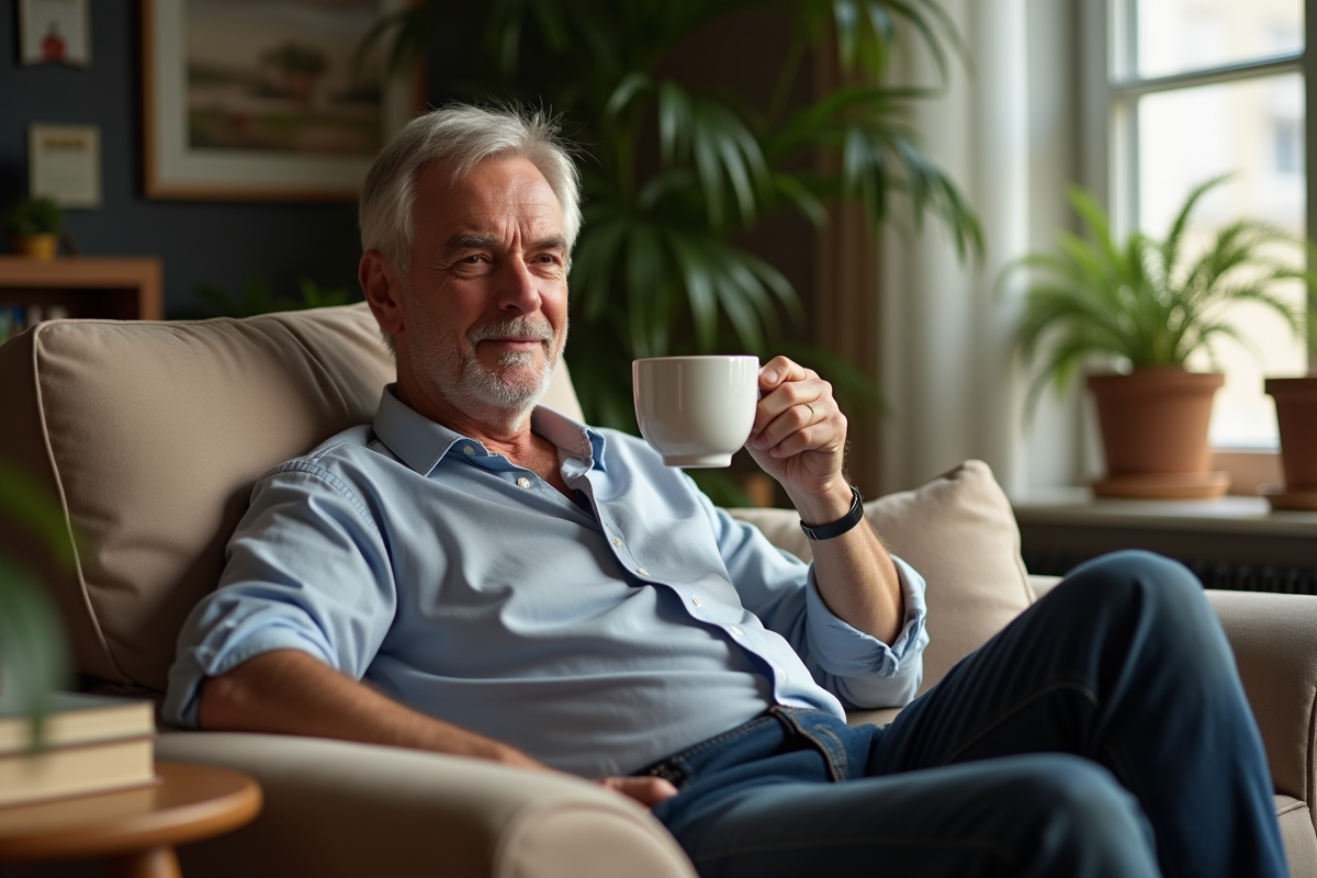 Homme détendu chez lui avec tasse de thé