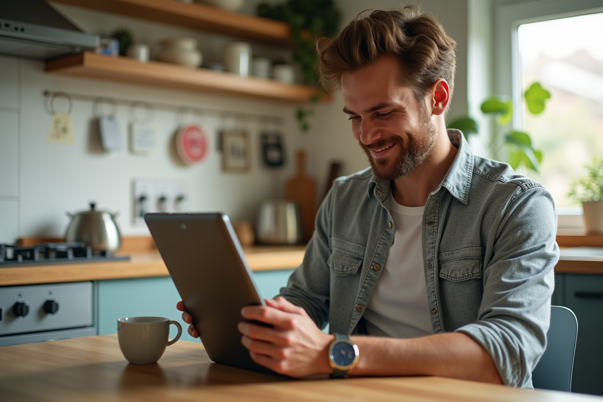 Jeune homme détendu à la cuisine avec une tablette