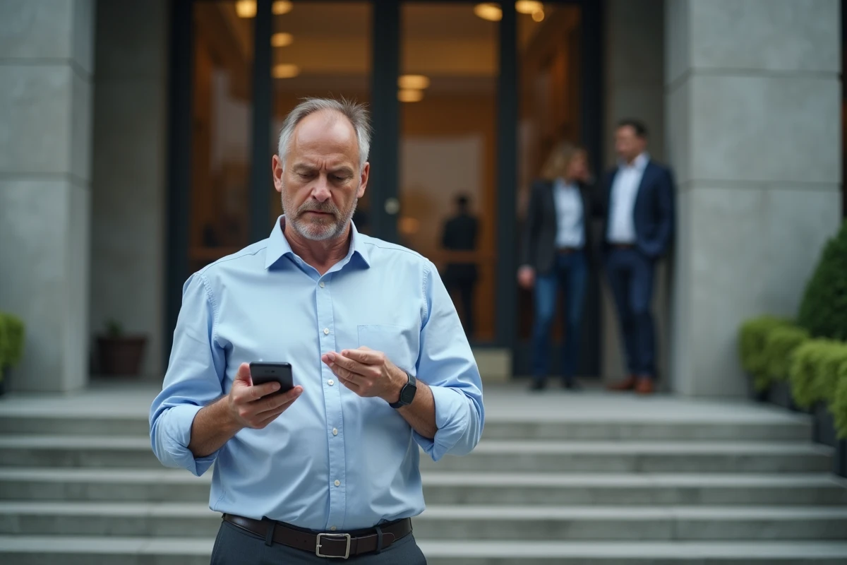 Homme d affaires debout devant une entrée de bâtiment professionnel