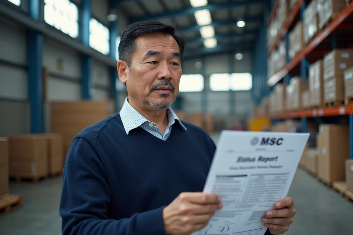 Homme dans un entrepôt vérifiant un rapport de suivi