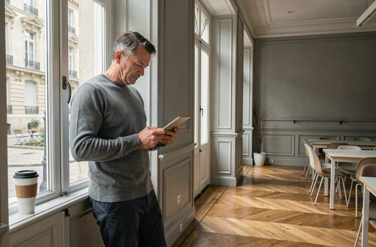 Homme consultant ses notes dans un espace de travail partagé Nomade au cœur de Paris