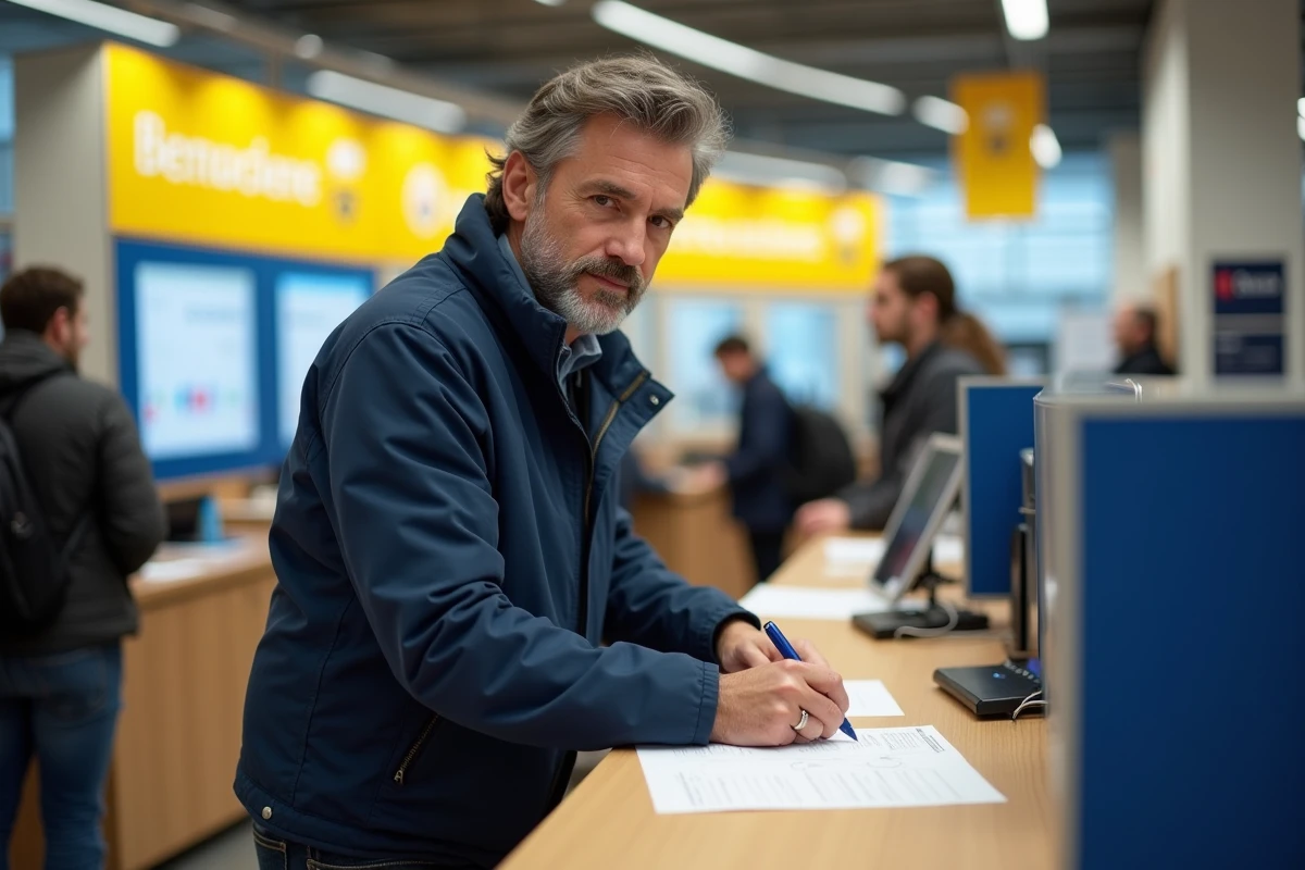 Homme remplissant un formulaire de réexpédition du courrier dans un bureau de poste