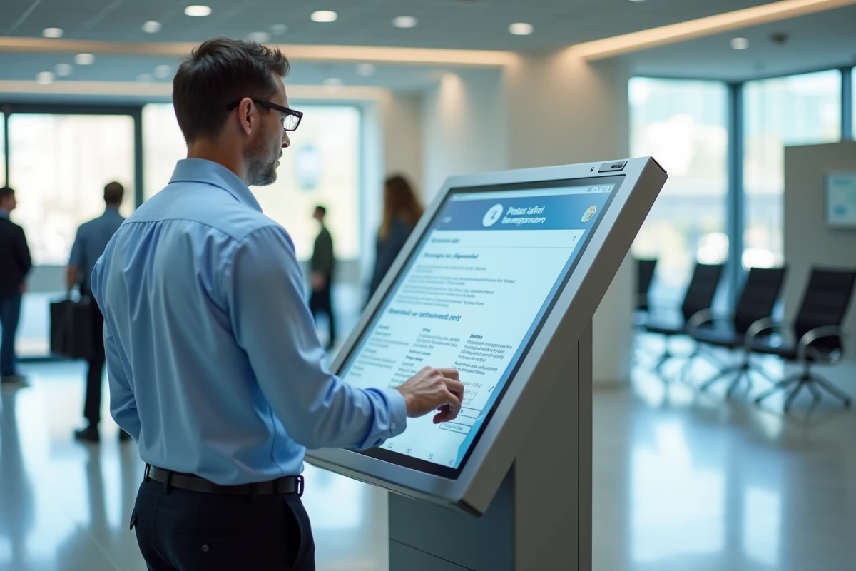 Homme utilisant un kiosque d