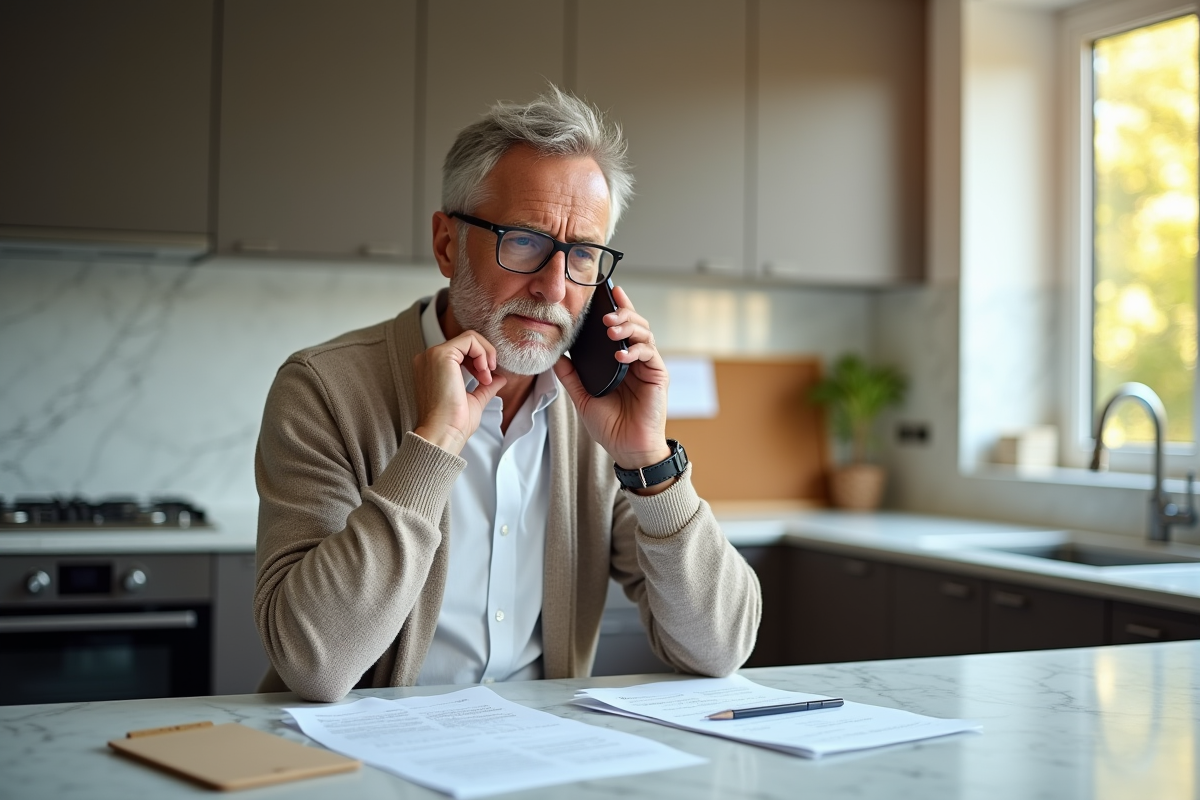 Homme au téléphone dans une cuisine moderne
