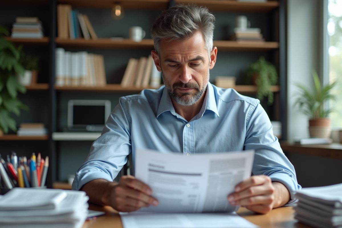 Homme d'âge moyen lisant une facture dans un bureau moderne