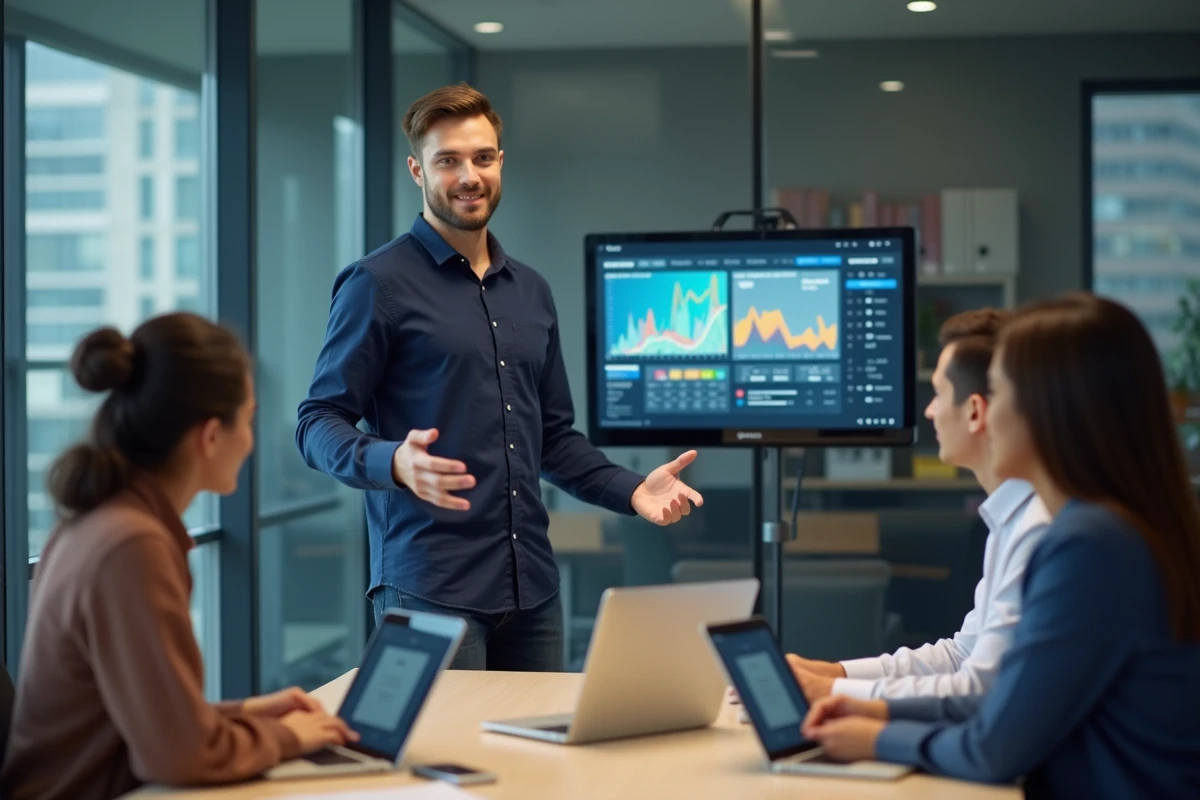 Jeune homme présentant un tableau de bord en réunion