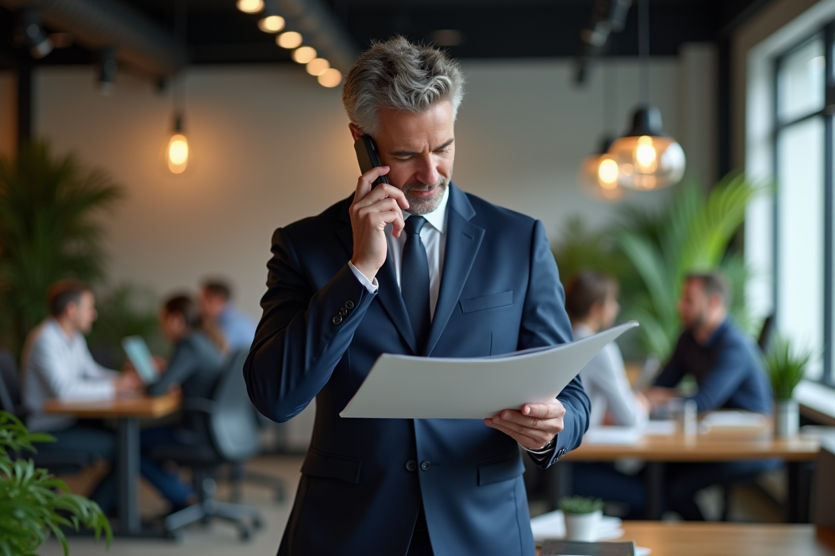 Homme en réunion dans un espace de coworking dynamique