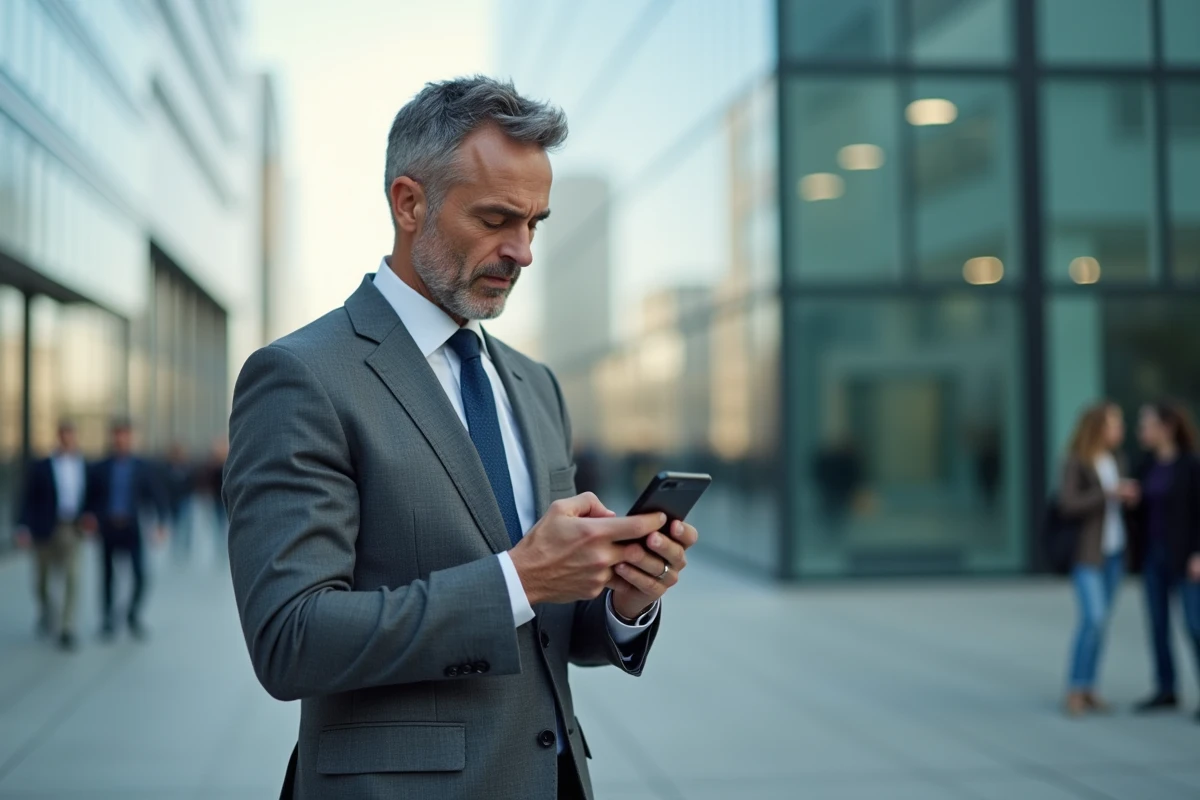 Homme d affaires regardant son smartphone en ville