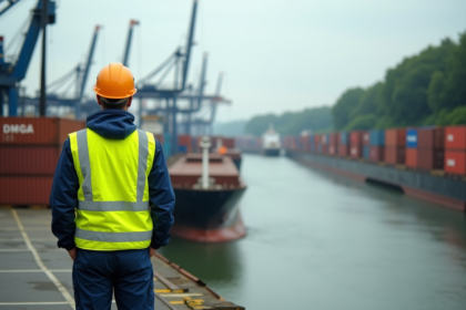 Homme en gilet de sécurité sur un quai portuaire industriel
