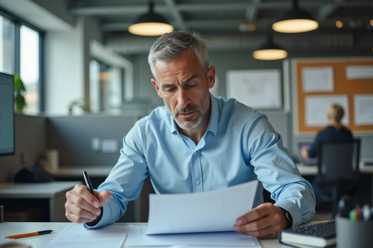 Homme concentré dans un bureau en open space avec documents