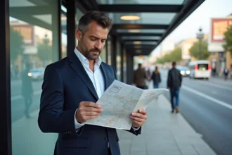 Homme d'affaires examine une carte urbaine devant des panneaux publicitaires