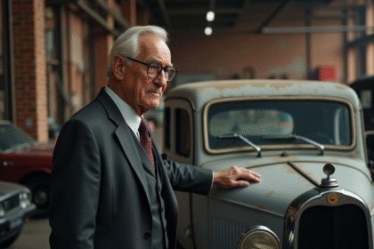 Homme âgé en costume vintage dans un atelier automobile