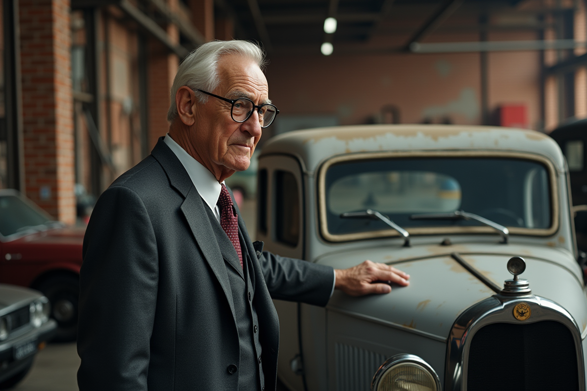 Homme âgé en costume vintage dans un atelier automobile