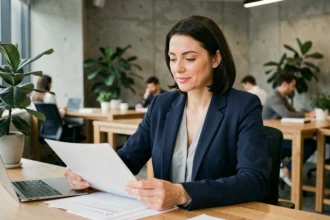 Femme indépendante travaillant sereinement dans un espace de coworking moderne, illustrant le bien-être professionnel en portage salarial