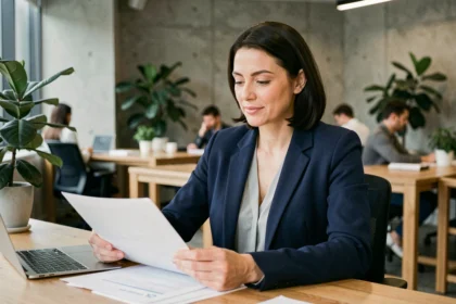 Femme indépendante travaillant sereinement dans un espace de coworking moderne, illustrant le bien-être professionnel en portage salarial