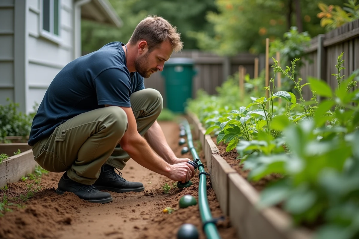 Homme installant un système d'irrigation goutte-à-goutte dans un potager pour réduire les dépenses d'eau