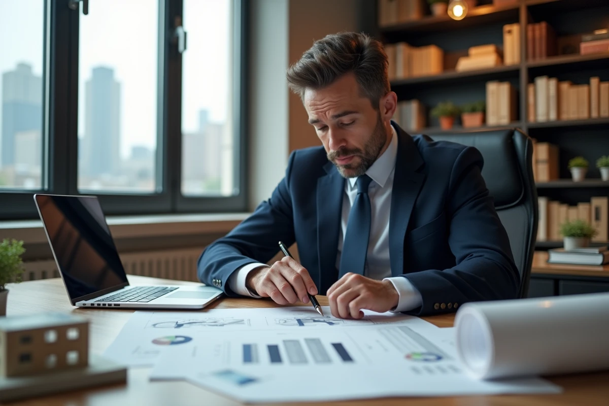Investisseur immobilier analysant des documents de holding patrimoniale dans un bureau moderne
