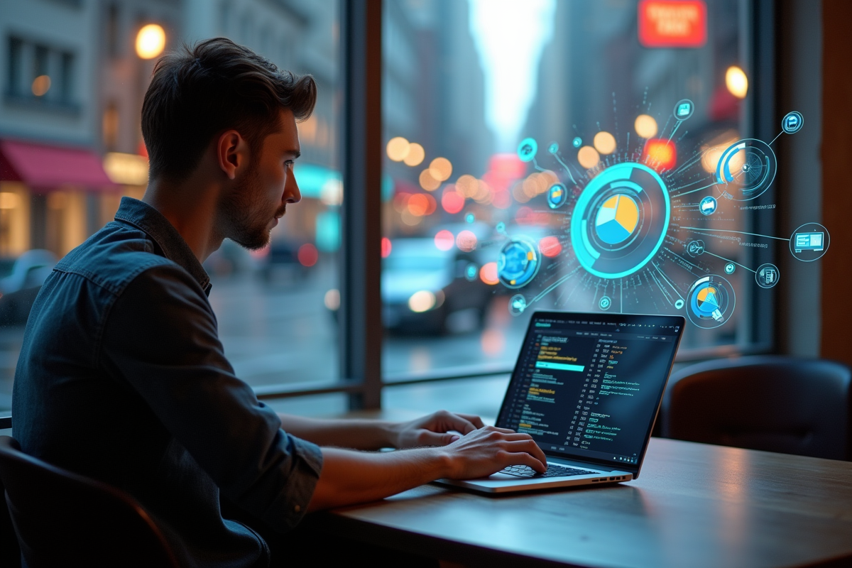 Jeune analyste travaillant sur un ordinateur dans un café dynamique