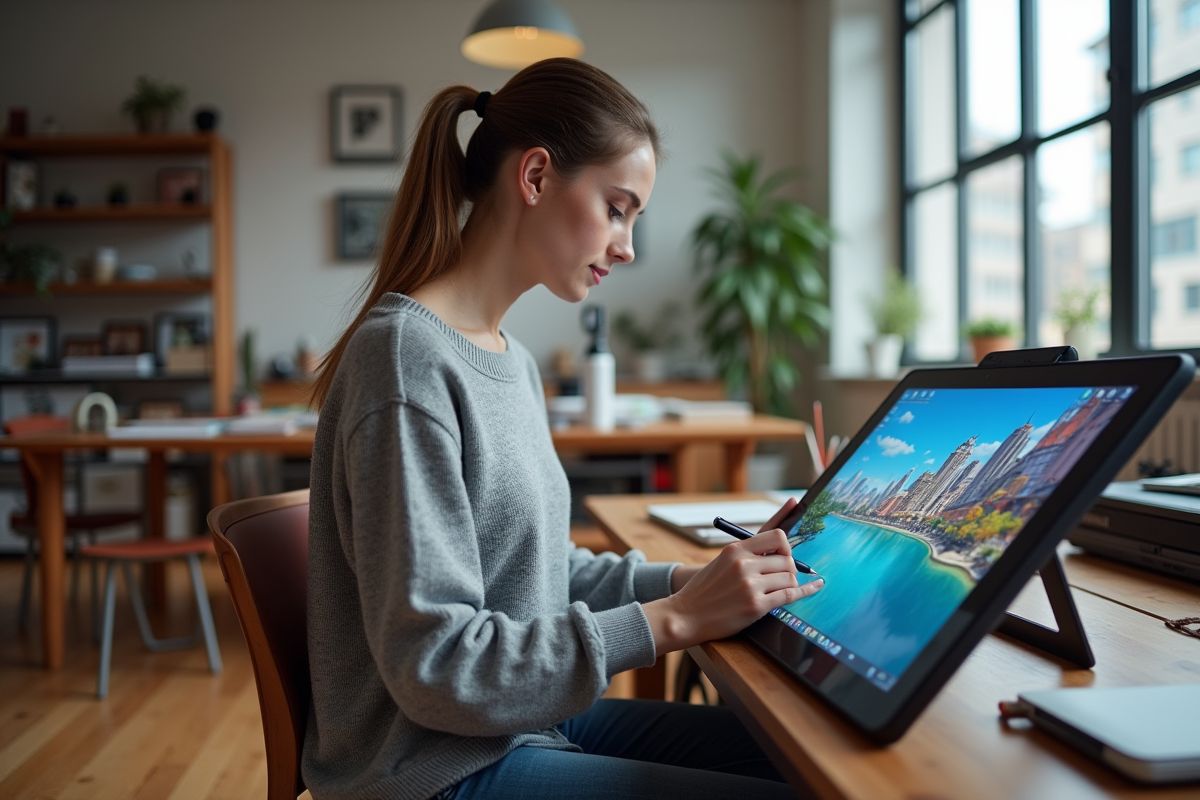 Jeune artiste digitale en studio créatif moderne