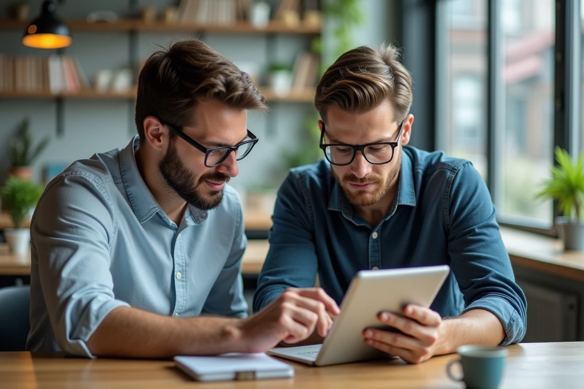 Jeune homme expliquant des graphiques financiers avec un client