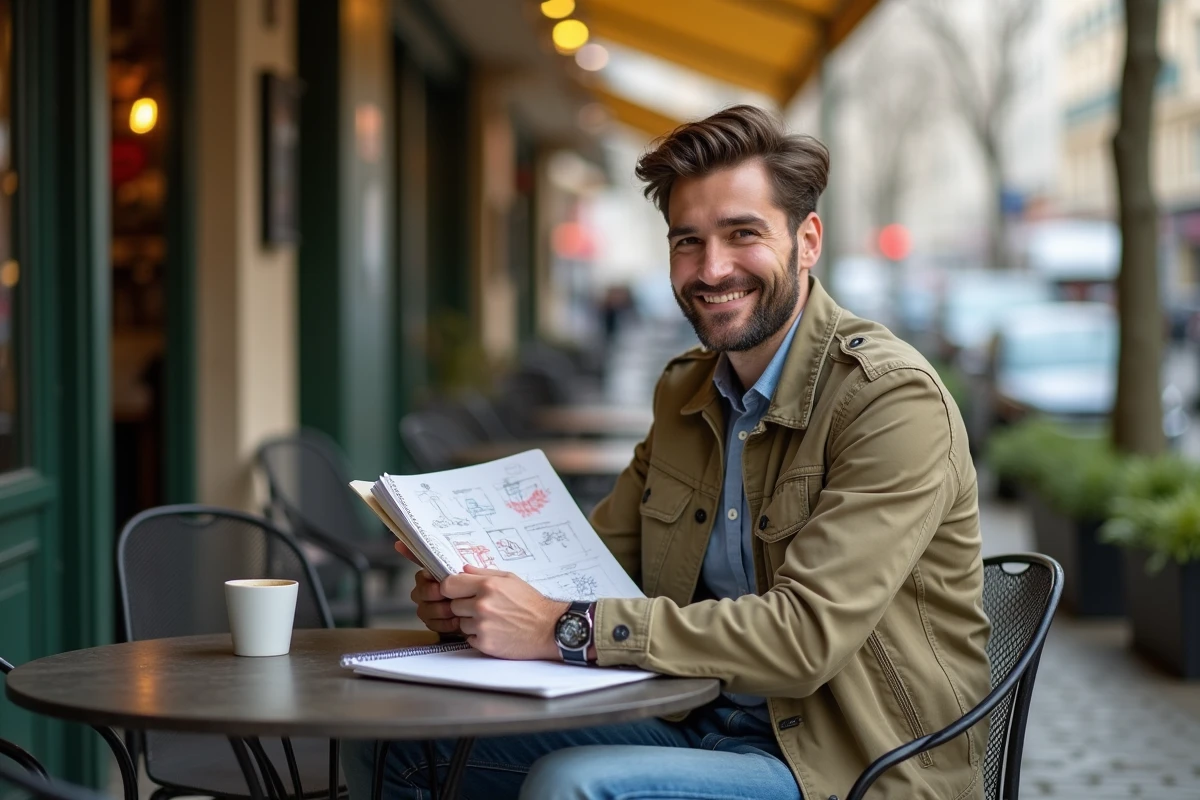 Jeune entrepreneur souriant prenant des notes dans un carnet de projet en terrasse de café parisien
