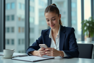 Jeune femme d'affaires au bureau avec smartphone
