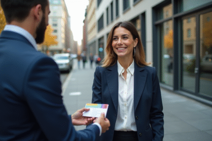 Jeune femme d'affaires souriante échange une carte de visite