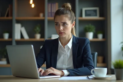 Jeune femme en bureau regardant son ordinateur avec curiosite