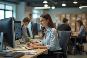 Jeune femme au bureau de poste utilisant une interface digitale