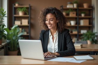Jeune femme professionnelle souriante au bureau moderne