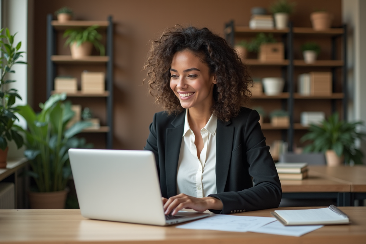 Jeune femme professionnelle souriante au bureau moderne