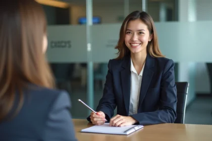 Jeune femme en blazer navy lors d'une réunion professionnelle