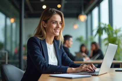 Jeune femme en blazer dans un espace de coworking moderne