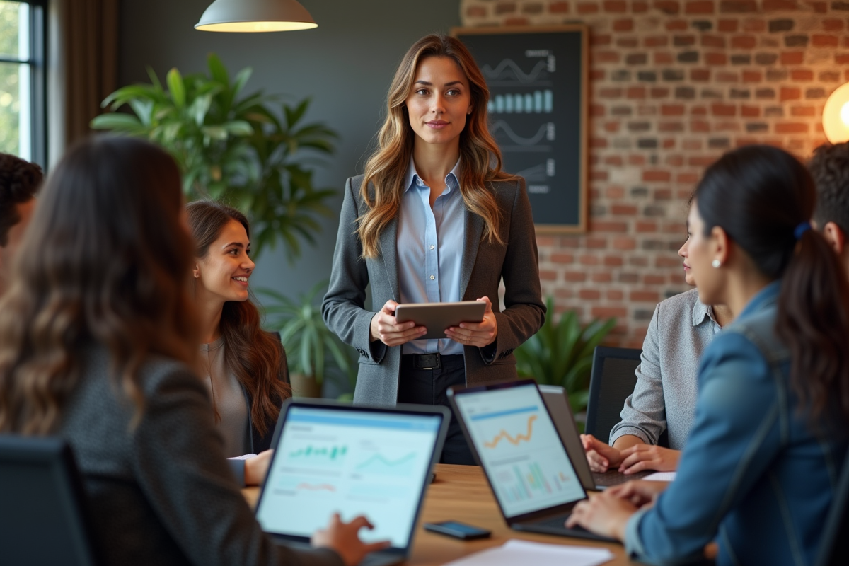 Jeune femme entrepreneure avec tablette en coworking