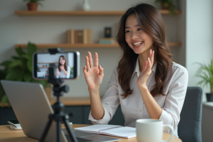 Jeune femme souriante en vidéo à domicile avec smartphone
